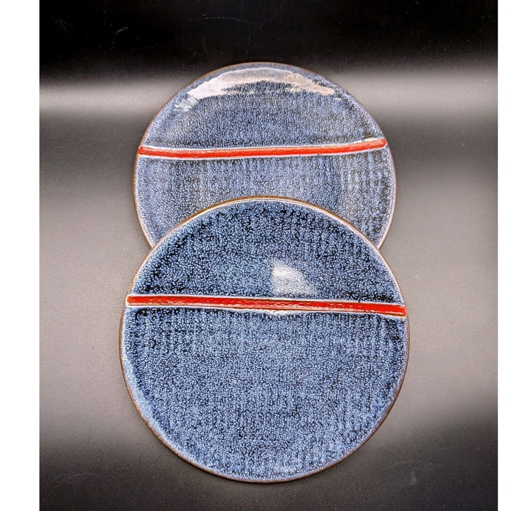 2 Levi Strauss & Co SF CAL Blue Speckled Stoneware Plates Red Stripe Replacement